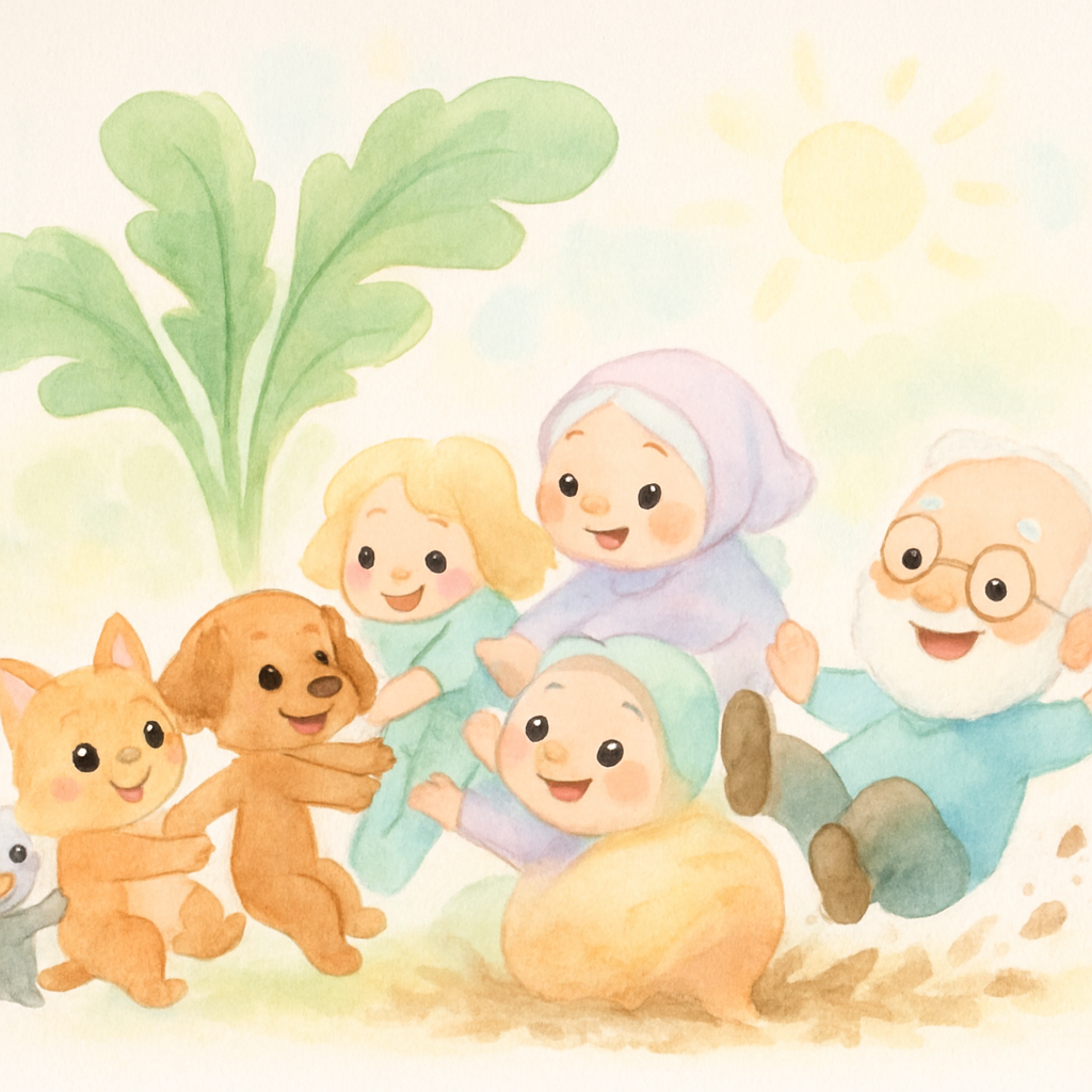 작은 쥐까지 포함한 모두가 힘을 합쳐 무를 뽑아내고 함께 넘어지는 장면